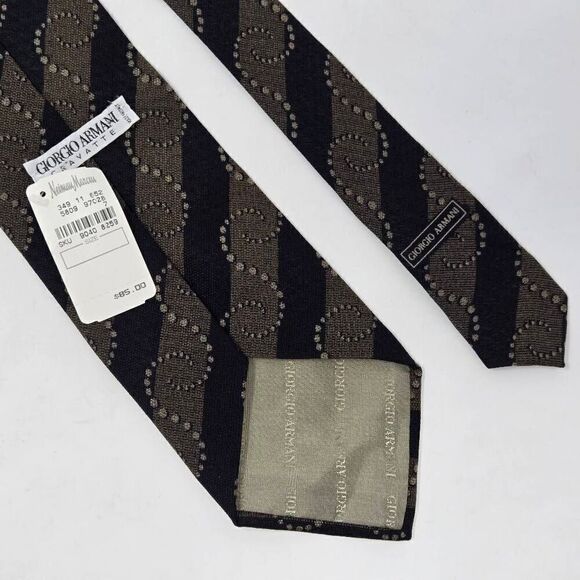 GIORGIO ARMANI CRAVATTE ITALY SILK TIE BLACK TAN BUBBLE STRIPE 4" X 56" NEW NWT - Picture 2 of 3